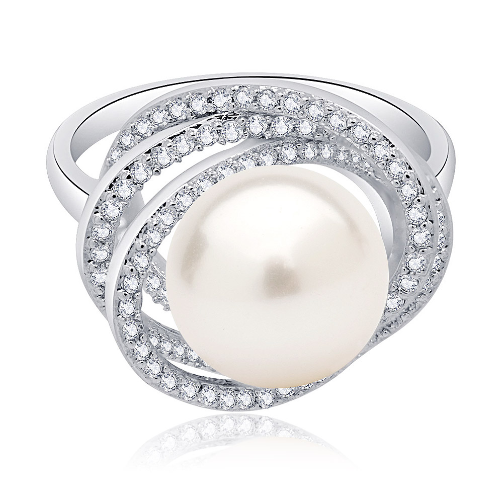 Pearl and CZ Swirl Floral Halo Ring